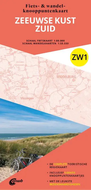 Vibrante oranje en witte fiets- en wandelkaart zeeuwse kust zuid met gedetailleerde routes en gele zw1 indicator