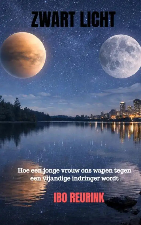 Boekcover van zwart licht toont jonge vrouw en vijandige indringer met nachtelijke hemel en reflectie op meer