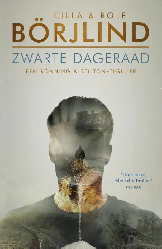 De book cover van zwarte dageraad toont een dubbele belichting van een man silhouette met stads en vlammen elementen