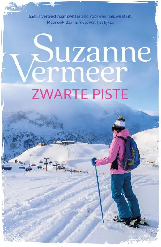 Een roze ski jas gedragen door een persoon op een besneeuwde helling bij zwarte piste