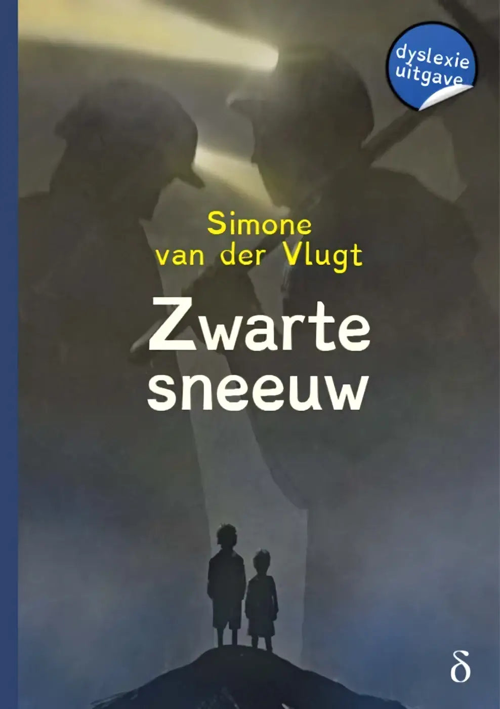 De boekcover van zwarte sneeuw door simone van der vlugt toont een donkere sfeer met silhouetten en mistige achtergrond