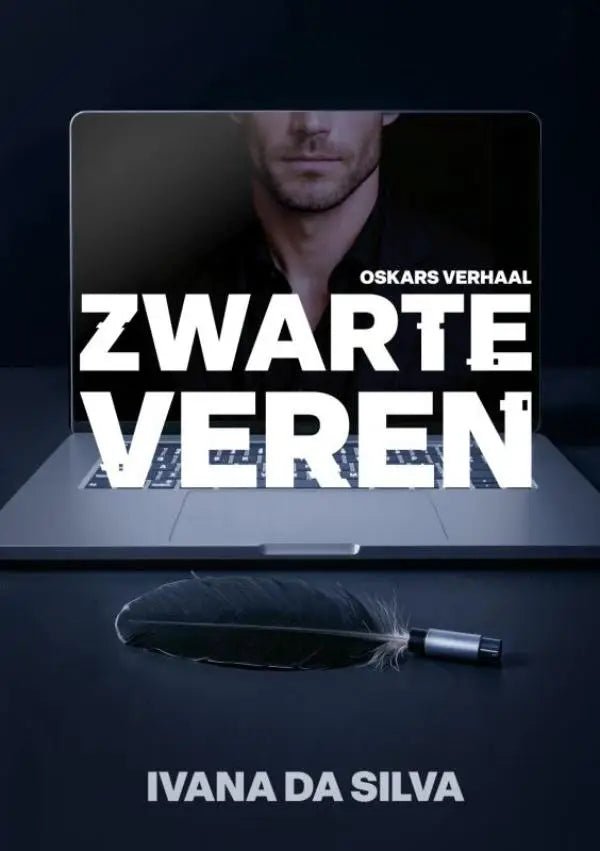 Zwarte veren oskars verhaal met zwarte veer en zilver top pen op donkere ondergrond
