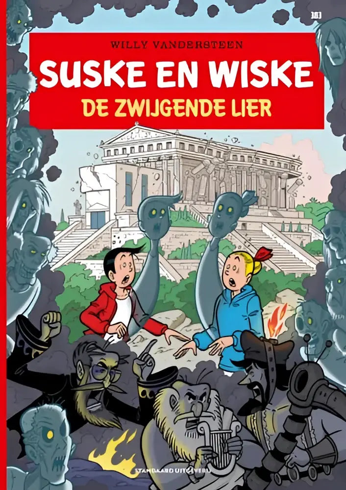 De cover van suske en wiske de zwijgende lier toont twee kinderen met groene monsters en oude ruïnes