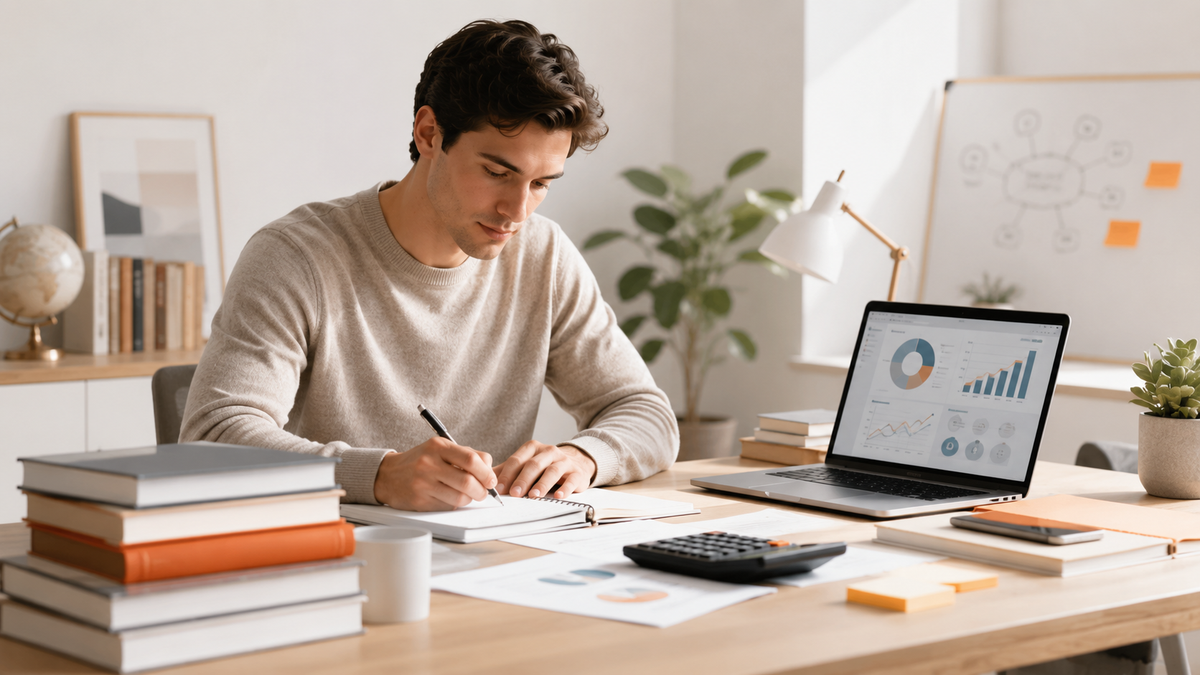 Student business en economie werkt met studieboeken, laptop, grafieken en notities