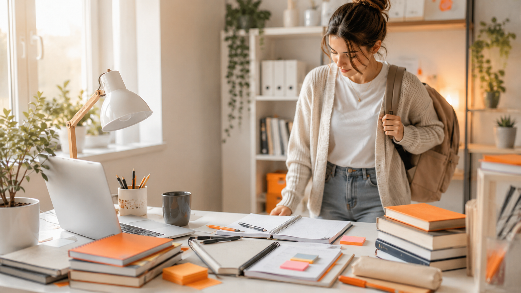 Student aan een bureau met studieboeken en materialen voor de rechtenstudie