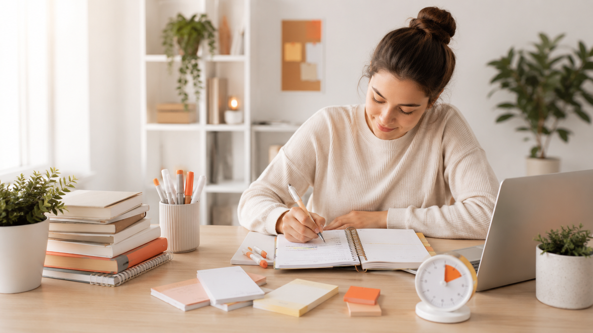 Student plant een rustige studiesessie met boeken, notities, laptop en timer