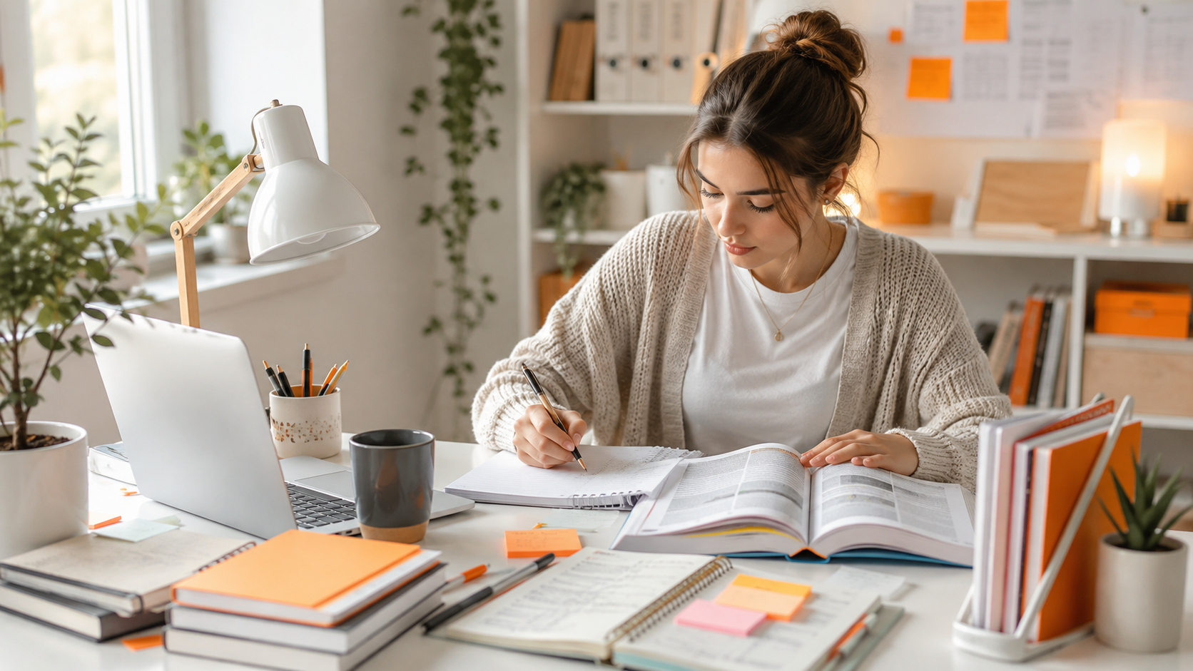 Studieplek met boeken en notities voor taal- en literatuurstudie