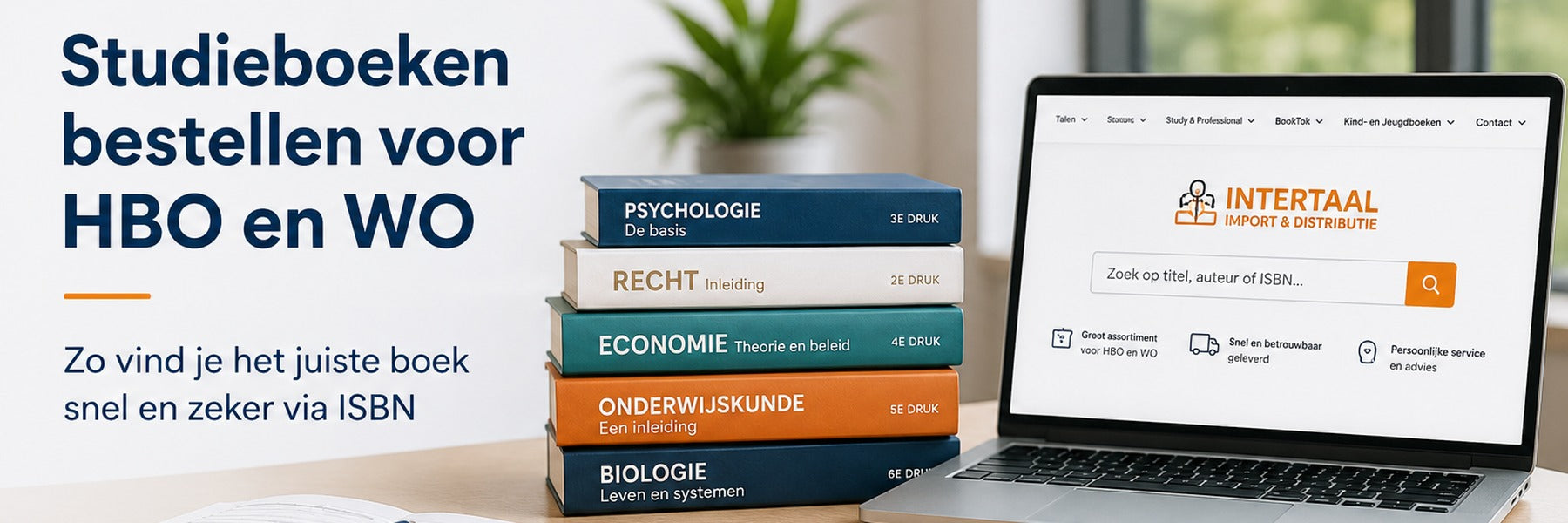 Studenten zoeken studieboeken voor hbo en wo op ISBN via Intertaal, met een laptop en een stapel studieboeken.