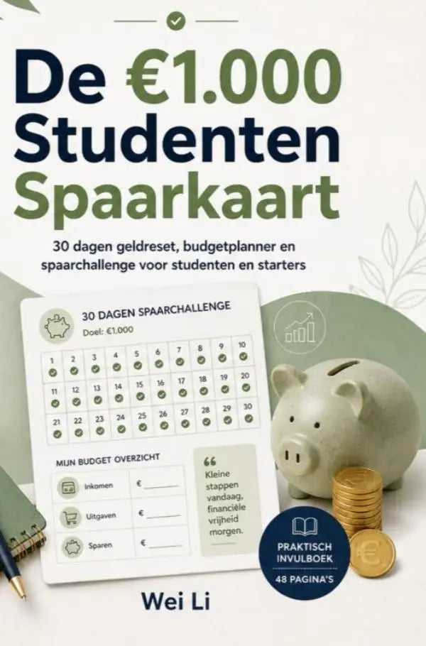 Witte keramische spaarvarken met zwarte ogen en muntsleuf naast gestapelde gouden munten voor studenten spaarkaart dagen geldreset