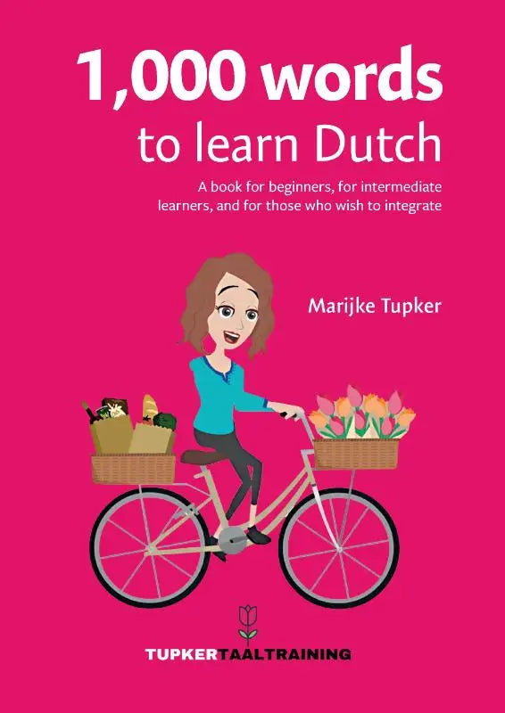Vibrante roze omslag van het taalboek 1 000 words to learn dutch van marijke tupker voor woorden om te leren