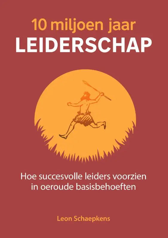 Boekcover van 10 miljoen jaar leiderschap met rode achtergrond en illustratie van rennende figuur om succesvolle leiders voorzien