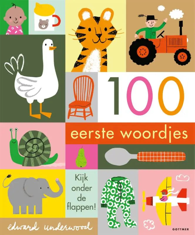 De cover van het kinderboek 100 eerste woordjes door edward underwood met kleurrijke illustraties voor jonge lezers