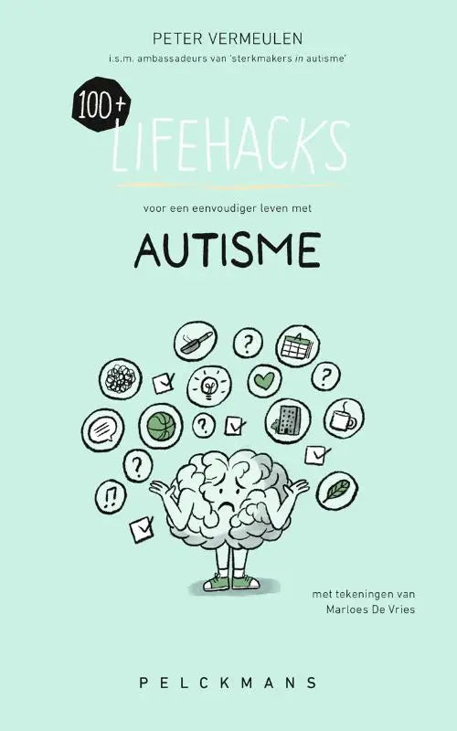 Een mintgroene boekomslag van 100+ lifehacks voor een eenvoudiger leven met autisme met een cartoonbrein en iconen