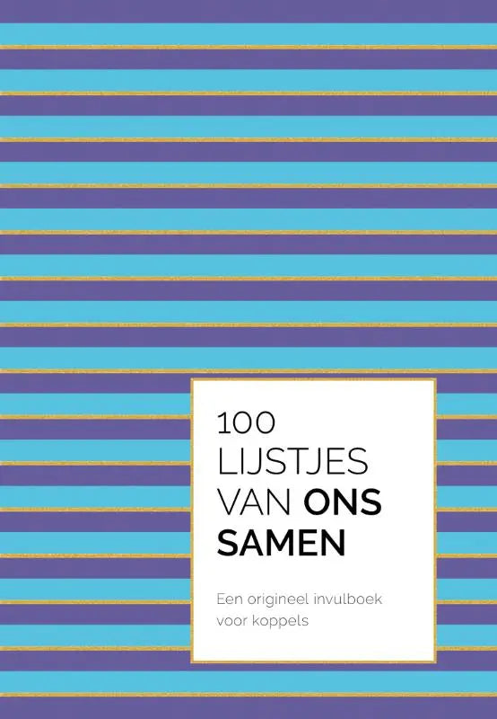Een origineel invulboek voor koppels met een omslag van lichtblauwe en paarse strepen en dunne gouden lijnen