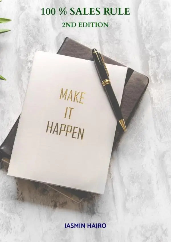 Witte notitieboek met gouden folie tekst make it happen onderdeel van de sales rule 2nd edition serie