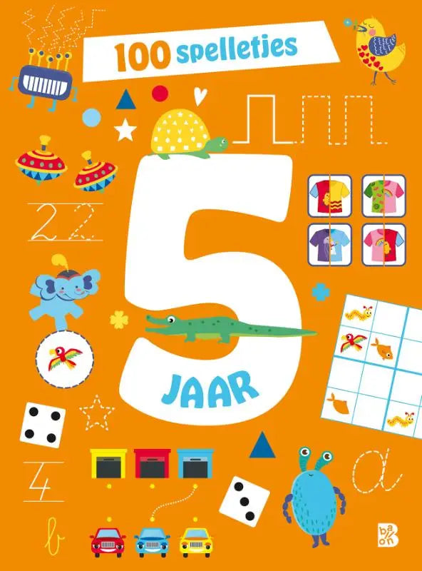 Bright orange children’s activity book cover for jonge lezers with number 5 and colorful animals for 5 jaar