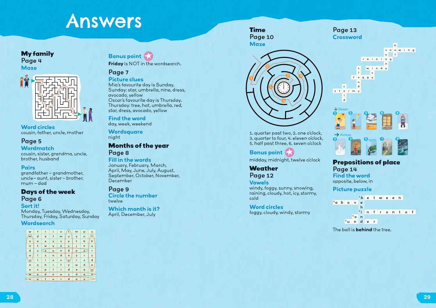 Blauw kinderkatern pagina met antwoordensleutel voor doolhoven en woordzoekers in english words activity boek