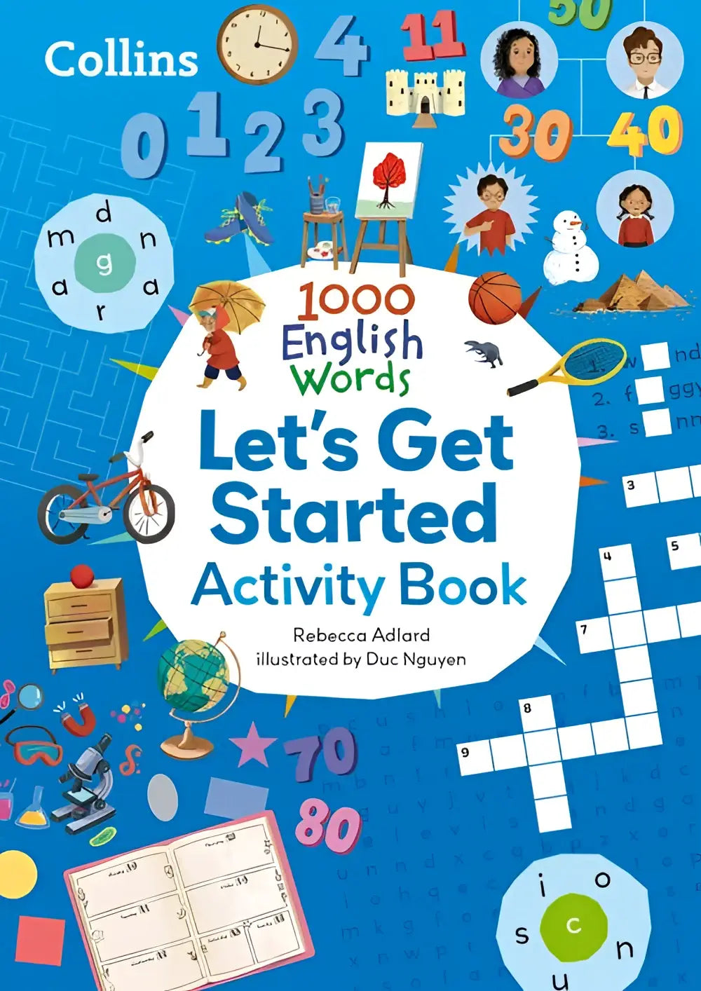 Collins 1000 english words activity book lets get started met een levendig blauwe kaft en kleurrijke illustraties van cijfers en letters