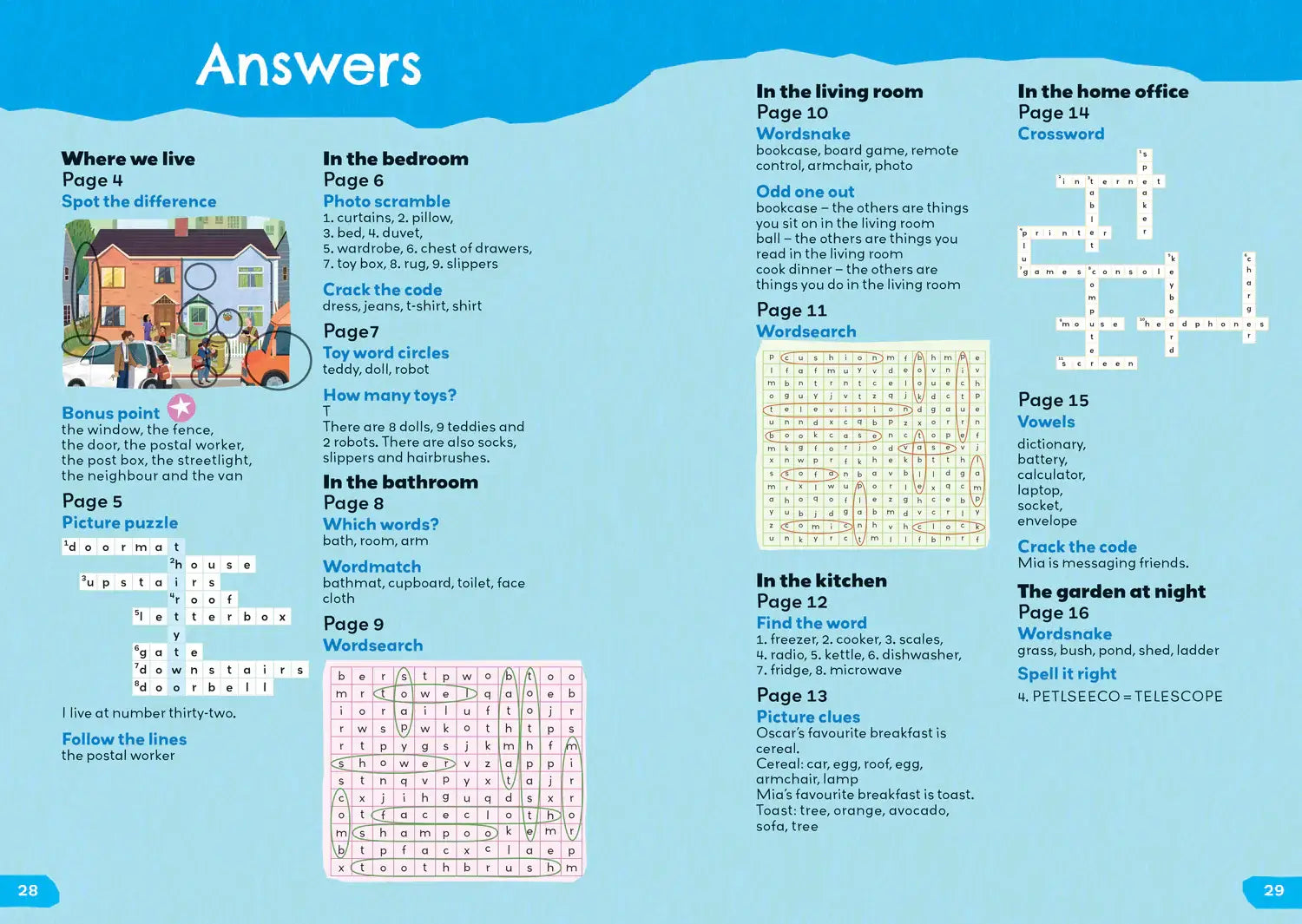 Blauw kinderwoordenboekpagina met kleurrijke puzzels uit 1000 english words activity book our home