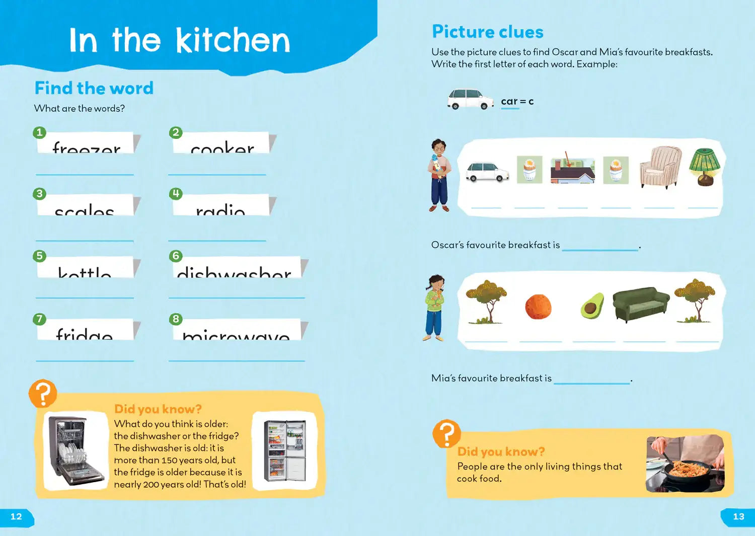 Blue in the kitchen worksheet page with breakfast word search and appliance facts in the 1000 english words activity book our home