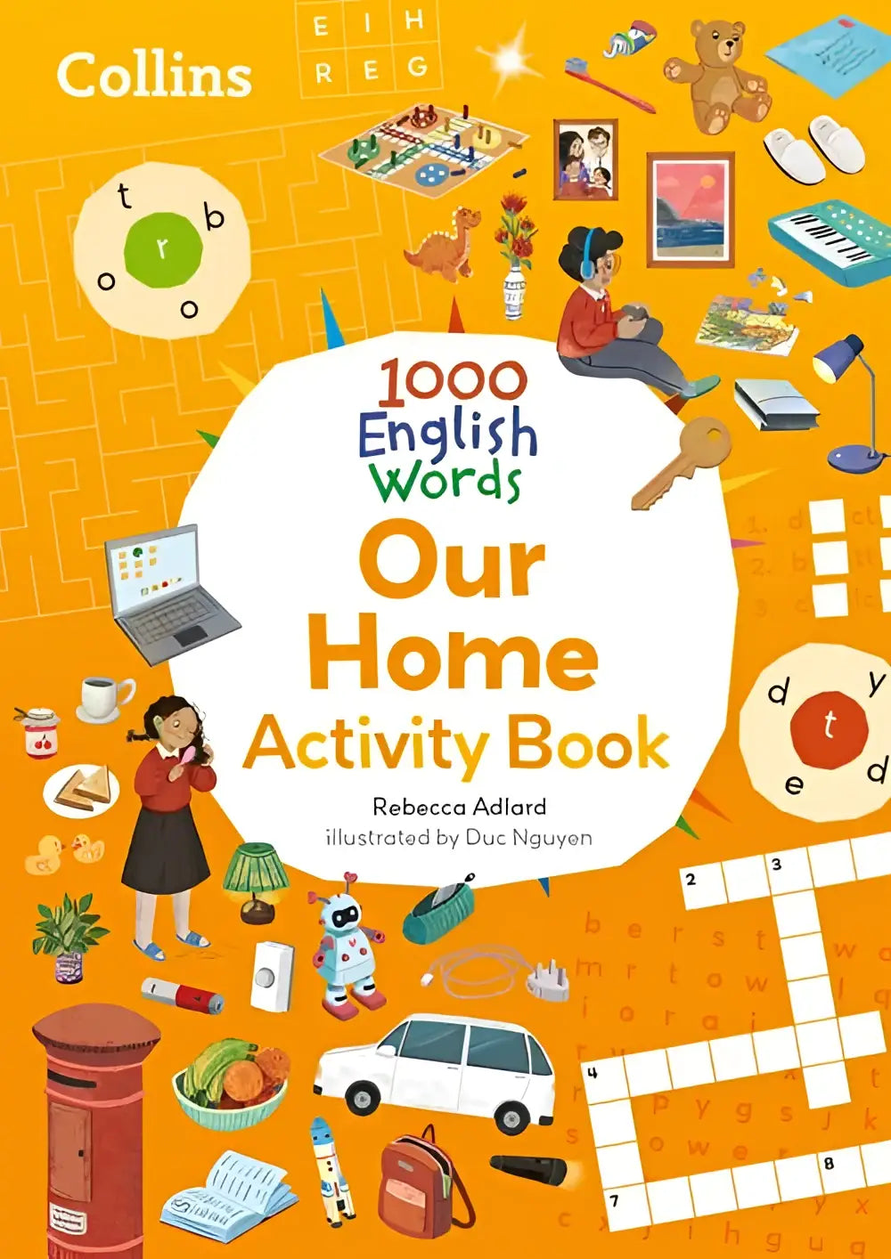 Heldere oranje omslag van het 1000 English Words Activity Book Our home van Collins met speelse illustraties en centrale witte cirkel