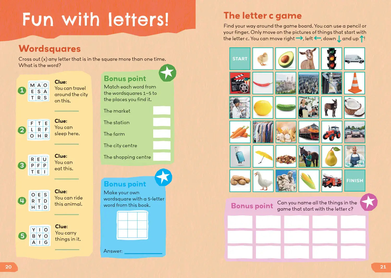 The letter c game board in 1000 english words activity book toont kleurrijke voorwerpen voor lezen en schrijven oefenen