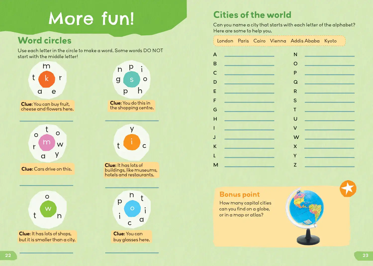 Groene educatieve activiteit pagina met woordcirkels en steden van de wereld spel in 1000 english words activity woorden activiteitsboek lezen en schrijven