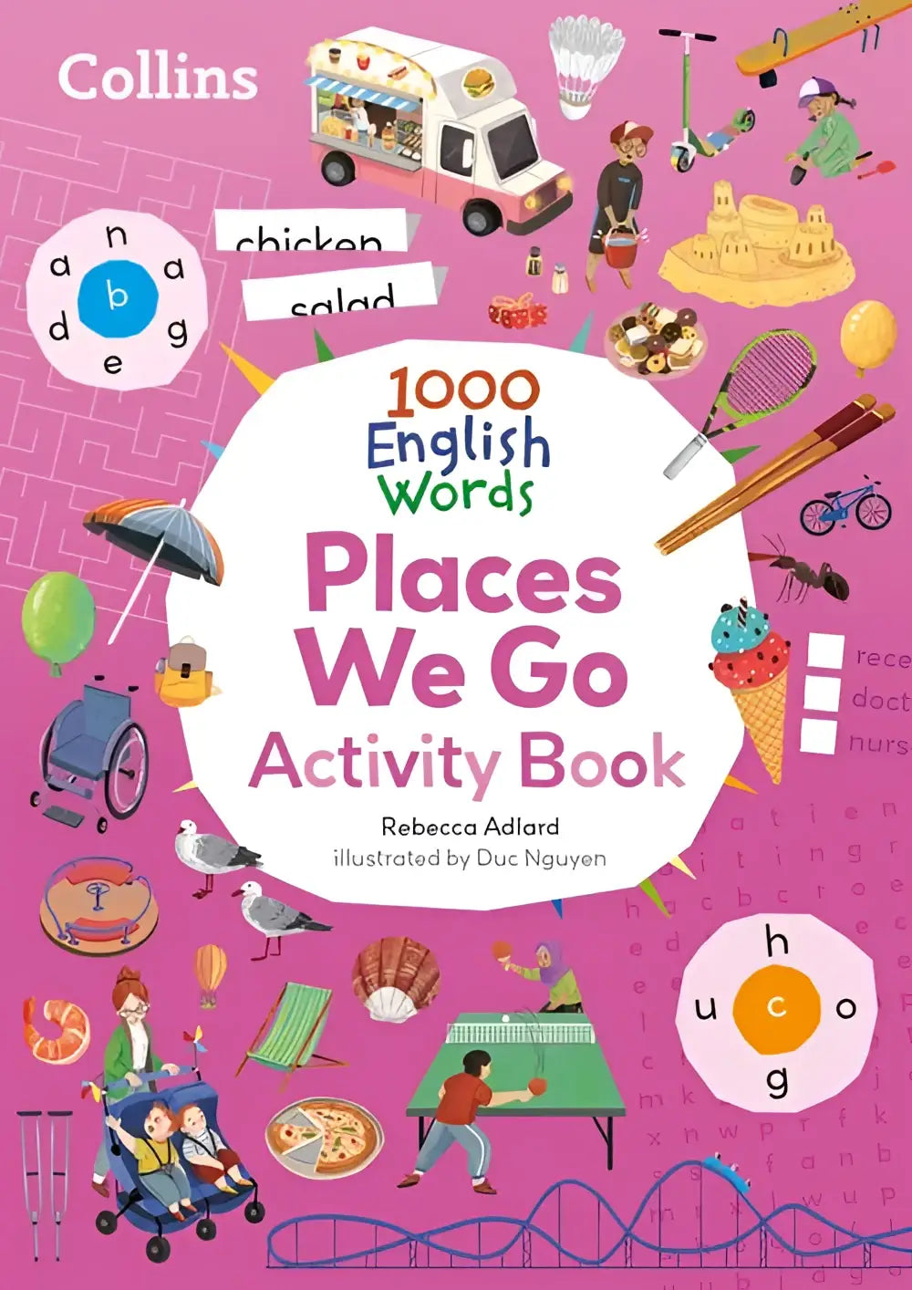 Roze activity book 1000 english words places we go van collins met vrolijke illustraties van foodtrucks stranden en speelplaatsen