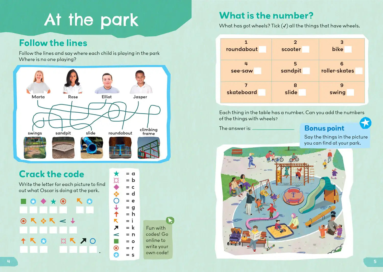 Colorful children’s activity page with park-themed puzzles from 1000 english words activity book places we go vanaf 21-05-2026