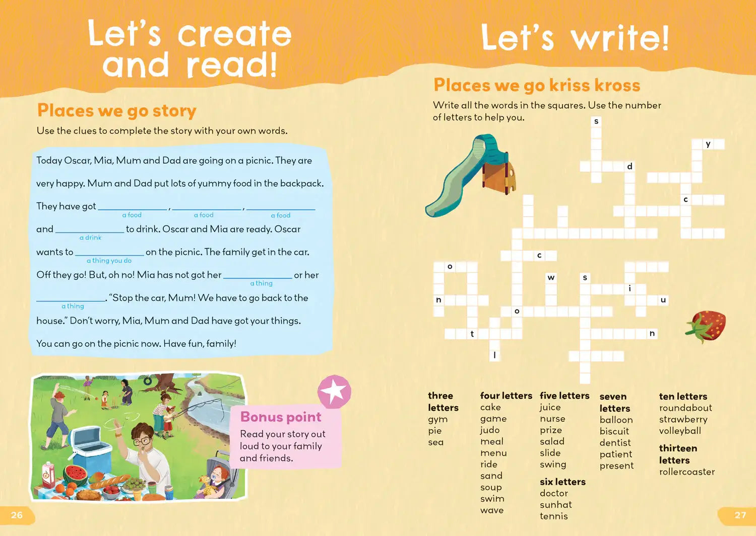 Kindereducatief workbook pagina met kleurrijke kruiswoordpuzzel en verhaalactiviteit uit english words activity book places we go