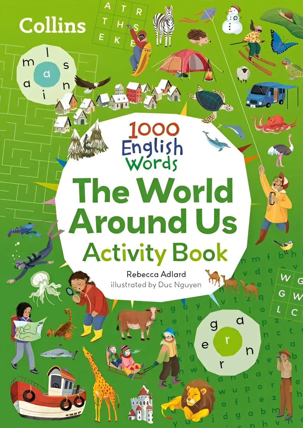 Felgroene activityboekcover van 1000 english words the world around us van collins met kleurrijke cartoondieren en kinderen