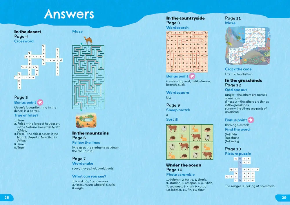 Blauw kinderspeelboekpagina met puzzels, doolhoven en woordspelletjes uit 1000 english words activity book van 2026