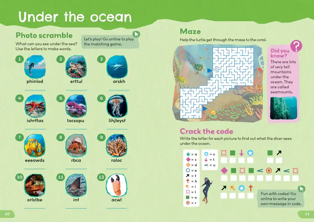 Onder de oceaan activiteit pagina met fotopuzzel, doolhof en codekraker spellen met mariene afbeeldingen in 1000 english words activity book