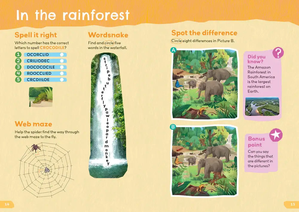 De afbeelding toont een kinderpuzzelpagina met regenwoudthema uit het 1000 english words activity book vanaf 21-05-2026