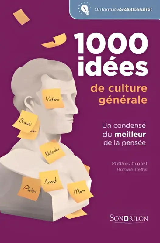De boekcover van 1000 idées de culture générale toont een witte bustus met gele plakbriefjes over algemene kennis