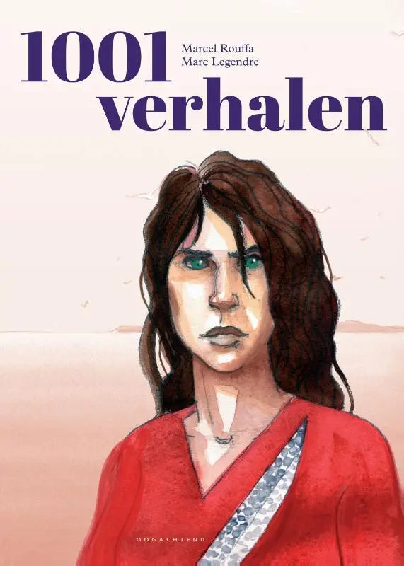 Waterverfillustratie van een vrouw met lang bruin haar en groene ogen in een rode v hals top voor 1001 verhalen