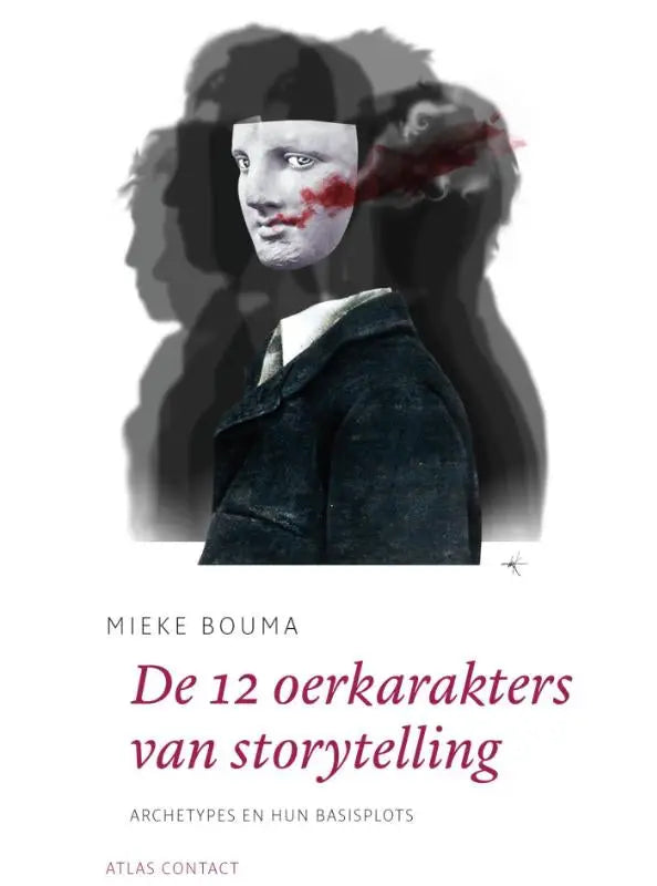 De 12 oerkarakters boekcover toont een gestileerd portret met rode vlekken en schaduwachtige silhouetten door mieke bouma bij atlas contact