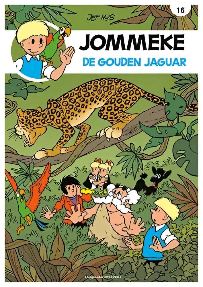 De cover van het stripboek jommeke 16 de gouden jaguar toont een gouden jaguar in een groene jungle