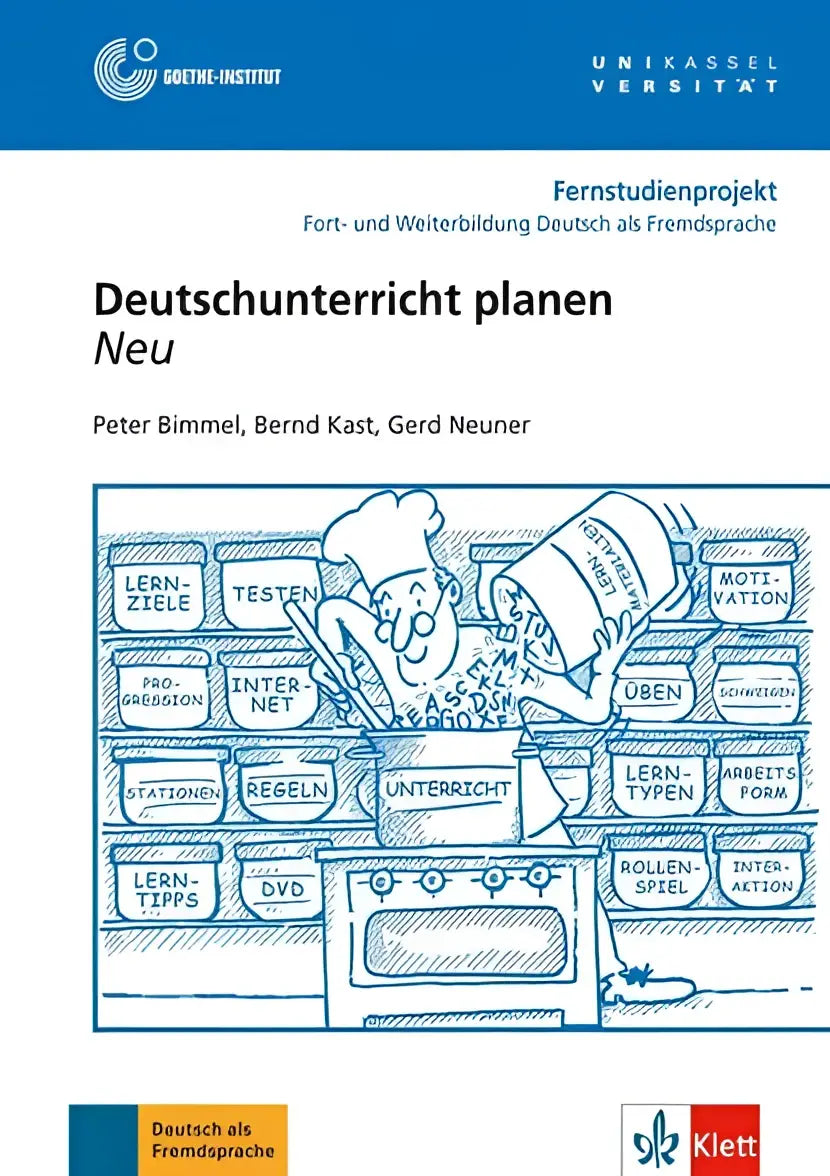 Blauwe lijntekening van een chef die leerdoelen testen en onderwijs uit dozen boven een oven laat overlopen op de achterkant van 18 deutschunterricht planen boek met dvd