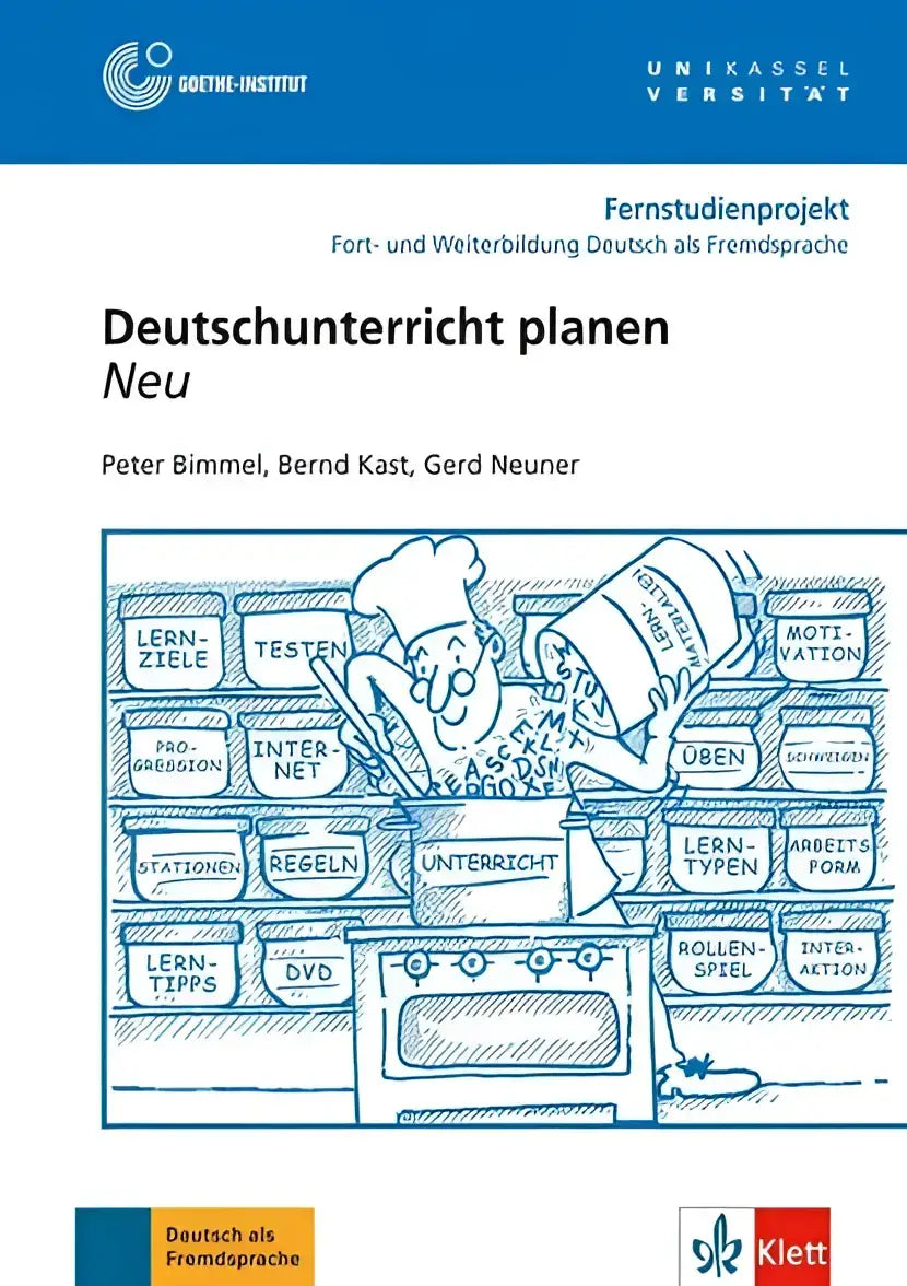 Blauwe lijntekening van een chef die leerdoelen testen en onderwijs uit dozen boven een oven laat overlopen op de achterkant van 18 deutschunterricht planen boek met dvd