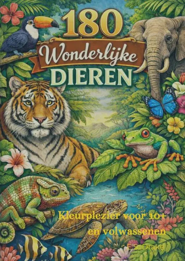 De omslag van het kinder kleurboek 180 wonderlijke dieren voor uren ontspanning en creatief kleurplezier voor jonge lezers