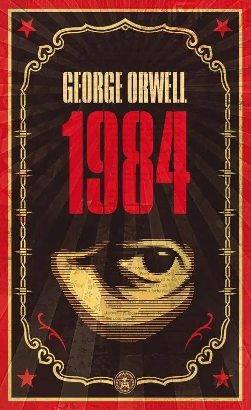 Rode en gouden omslag voor het boek 1984 van george orwell met een gestileerd oog, het dystopian classic reimagined