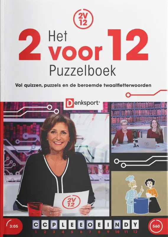 De cover van het 2 voor 12 puzzelboek van denksport toont een vrouw in zwart-wit top met het logo en illustraties