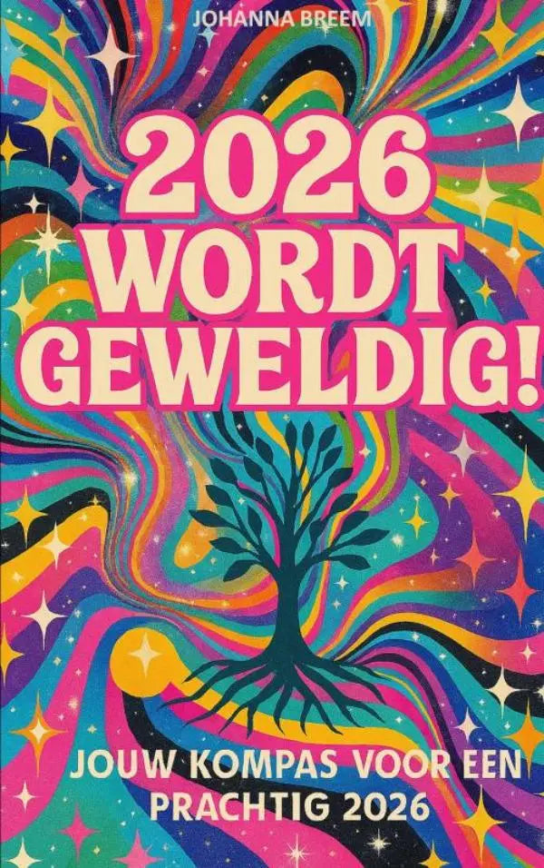 Levendige psychedelische boekcover met kompas boom en regenboogkleuren voor prachtig geweldig 2026 wordt geweldig