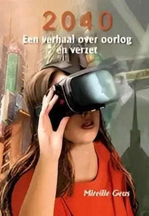 Vrouw in oranje top draagt zwarte vr headset in product 2040 een verhaal over oorlog en verzet met lotte