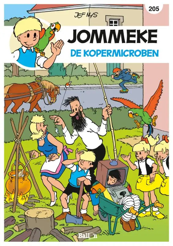 De cover van jommeke 205 de kopermicroben toont een kleurrijke buitenillustratie van jef nys voor algemeen publiek
