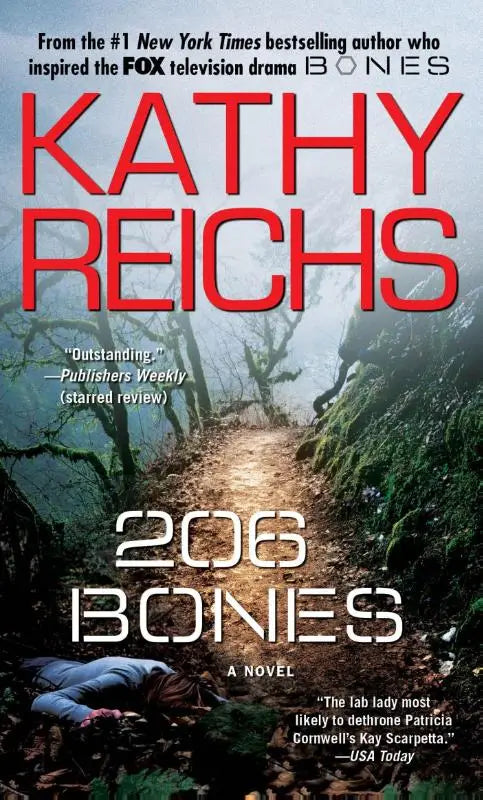 Book cover for 206 bones a temperance brennan novel by kathy reichs featuring a misty forest path with bold red lettering