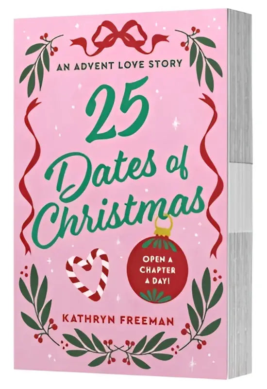 Roze boek 25 dates of christmas een advent love story met feestelijk ontwerp groen tekst rode linten en candy cane thema door harpercollins publishers inc
