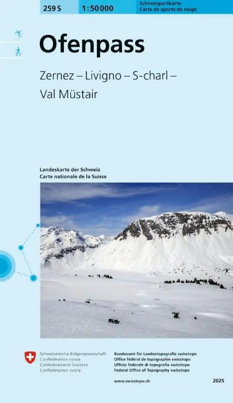 Sneeuwbedekte bergketen op een zwitserse topografische kaart van de 259s ofenpass schneesportkarte voor wintersportactiviteiten