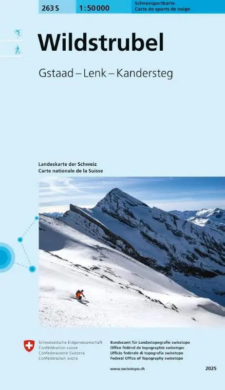 Sneeuwbedekte wildstrubel bergketen met skiër in beweging op cover van 263s wildstrubel schneesportkarte kaart
